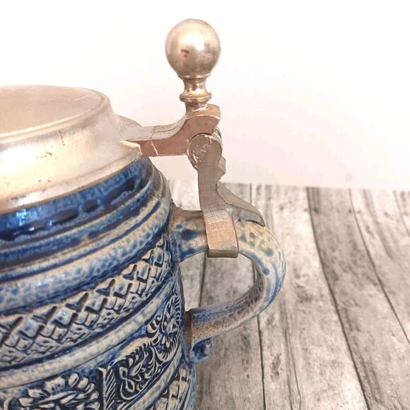 Vintage Gerz W Germany Lidded Beer Stein Cobalt Blue Lion Relief Stoneware... - Picture 5 of 11